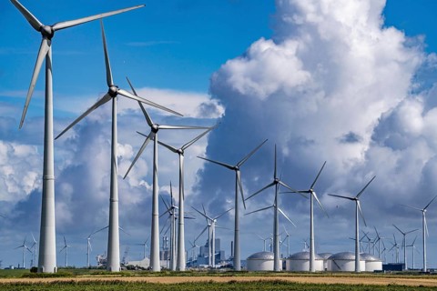 Wind farms Westereems and Growind, in the north of the Netherlands, near Eemshaven, energy centre,