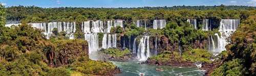 A sweeping panoramic view of waterfalls and river, lined with forest and a clear sky, The Iguazu