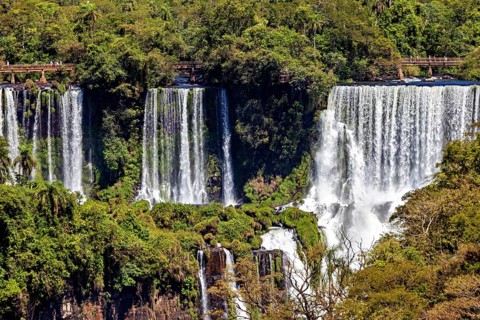 Majestic waterfalls, surrounded by lush greenery, in the dense jungle, The Iguazu Falls between