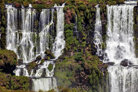 Multiple waterfalls flow over an ensemble of rocks, surrounded by dense green plants, The Iguazu