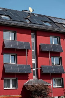 Residential building with photovoltaic modules on the façade and roof, North Rhine-Westphalia,