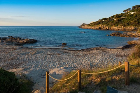 Picturesque beach, Plage de Bonne Terrasse, sunrise, Saint Tropez, Var, French Riviera,
