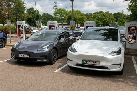 Charging point facility for Tesla electric vehicles at service station, M25 South Mimms services,
