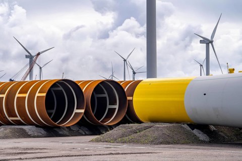 The seaport of Eemshaven, Julianahaven Basin, where the foundation structures, monopiles, for