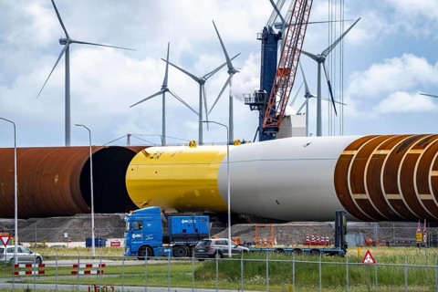 The seaport of Eemshaven, Julianahaven Basin, where the foundation structures, monopiles, for