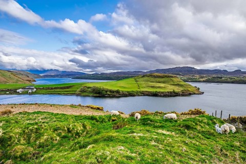 Farms over Loch Harport, Drynoch, Isle of Skye, Scotland, UK