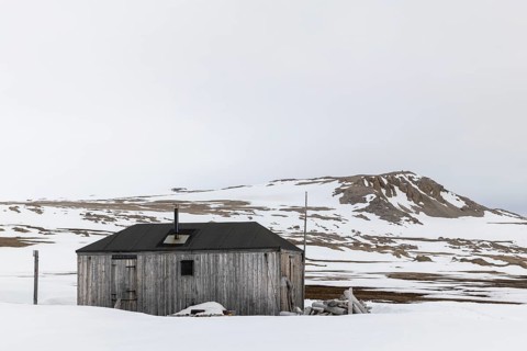 Former research station, wooden hut, Kinvika, Muchinsonfjord, Spitsbergen, Svalbard