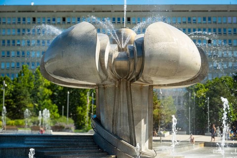 Freedom Square with a fountain in the shape of a lime blossom in Bratislava, Slovakia