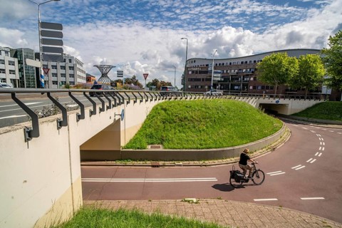 Roundabout in the Dutch city of Houten, the lanes for cars and bicycles are separated, the cycle