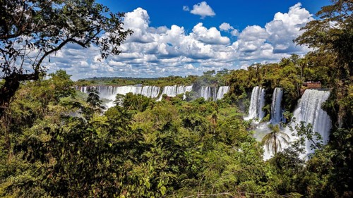 Dense vegetation surrounds the powerful flowing waterfalls under a cloudy sky, The Iguazu Falls