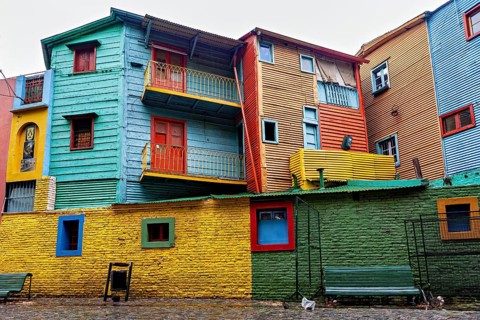 Colourful houses with different colours and architectural details, the colourful city and tango