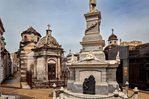 Richly decorated mausoleums and statues in a historic cemetery, La Recoleta Cemetery in Buenos