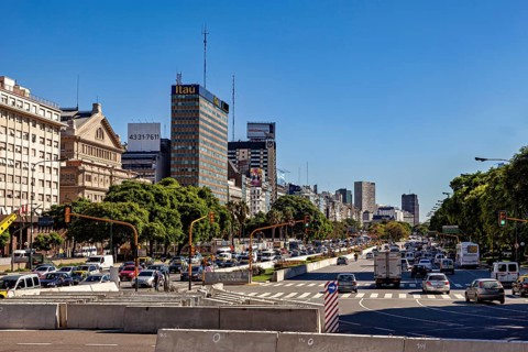 Cityscape with skyscrapers and heavy traffic under a clear sky, The skyline of the city of Buenos