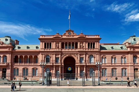 Frontal view of a large historic building with blue sky, famous Argentine landmark, The