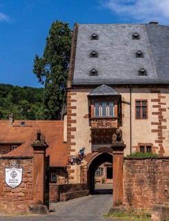 The old castle with Barbarossaplatz and the castle café in the old town centre of Büdingen, Hesse,