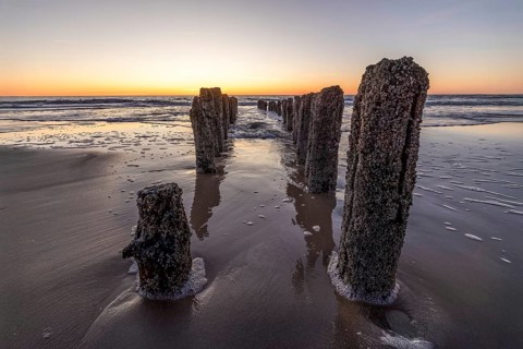 Sunset by the sea, waves, North Sea, Rantum, Sylt, Schleswig-Holstein