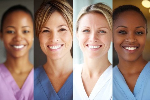 Collage of hospital nurses and medical professionals smiling. Concept of hospitality and excellent