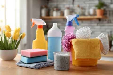 Cleaning set with products and tools on kitchen table, AI generated