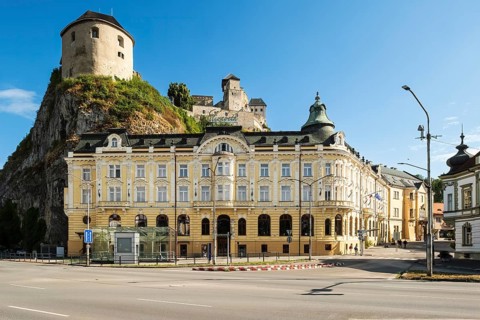 Hotel Elizabeth with relief by Jan Jiskra on the castle hill in Trencin, Capital of Culture 2026,