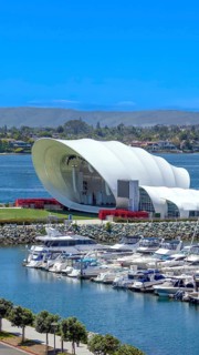 USA, California, San Diego Bay marina and Seaport Village in downtown near Gaslamp Quarter