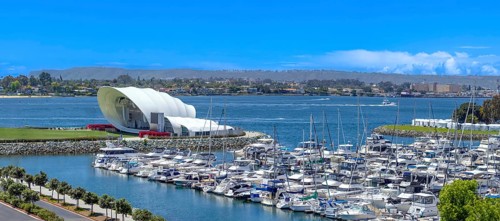 USA, California, San Diego Bay marina and Seaport Village in downtown near Gaslamp Quarter