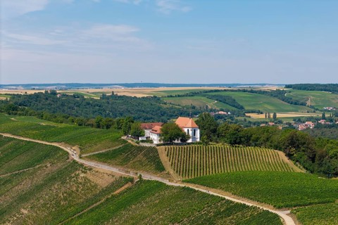 Vogelsburg near Volkach with monastery church of the Protection of the Virgin Mary, aerial view,