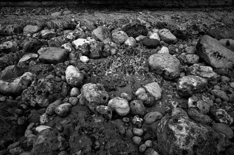 Pebbles, stones, pebbles on the beach, black and white, Yport, chalk cliffs, alabaster coast, La