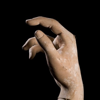 A detailed view of a mannequin hand with fingers slightly curled, creating a graceful pose against