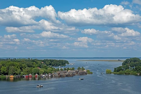 View from the tower of St Mary's Church, Müritz, lake, boats, boathouses, holiday homes, Röbel,