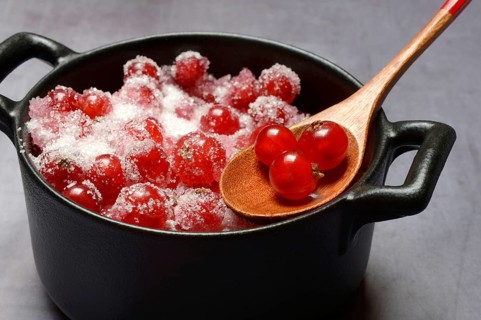 Redcurrants with sugar in pots, Ribes rubrum