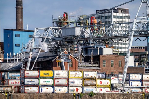 Scenery of Chempark Leverkusen, Bayer Leverkusen, chemical park, chemical plant, river Rhine, cargo
