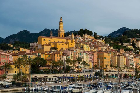 Town with colourful houses by the sea, sunrise, Menton, Alpes Maritimes, Provence Alpes Cote