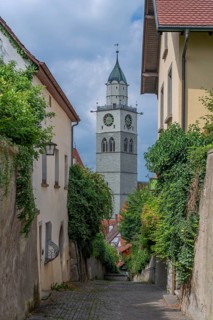 Tower of Überlingen Minster, St Nicholas, built in 1350 and 1576 in the late Gothic style,