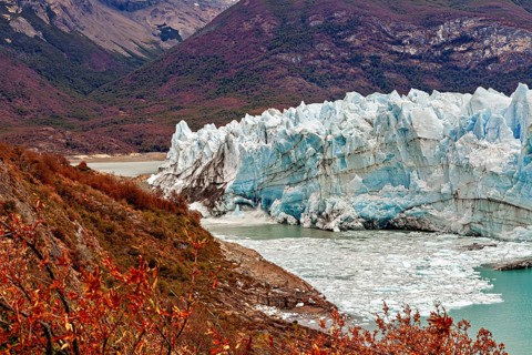 Colourful autumn landscape with glacier front in front of a mountain, The Perito Moreno glacier in
