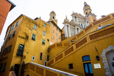 Town with colourful houses by the sea, Menton, Alpes Maritimes, Provence Alpes Cote d'Azur, French