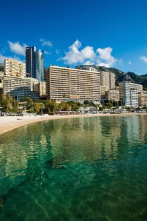 Panorama, Skyline with skyscrapers and beach, Plage du Larvotto, Monte Carlo, Cote d'Azur, Monaco