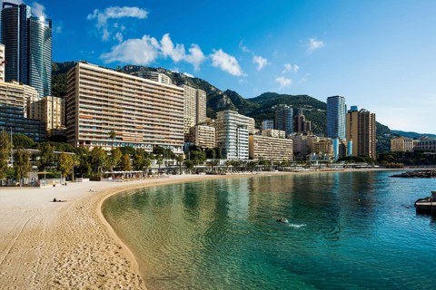 Panorama, Skyline with skyscrapers and beach, Plage du Larvotto, Monte Carlo, Cote d'Azur, Monaco