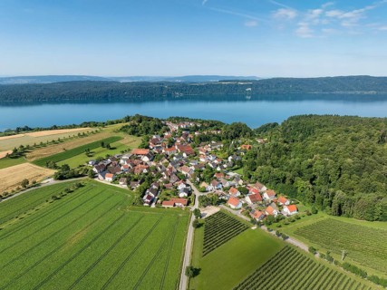 Luftbild vom Bodensee mit der Ortschaft Hödingen, am Horizont der Bodanrück, Überlingen,