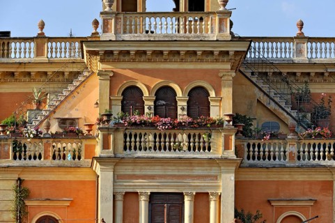 Magnificent city villa Palazzo Rosi with terraces, balconies, balustrades, stairs, arches, columns,