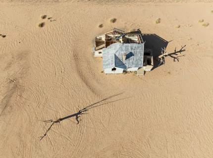 The long abandoned Garum train station in the southern Namib Desert. Aerial view. Drone shot.