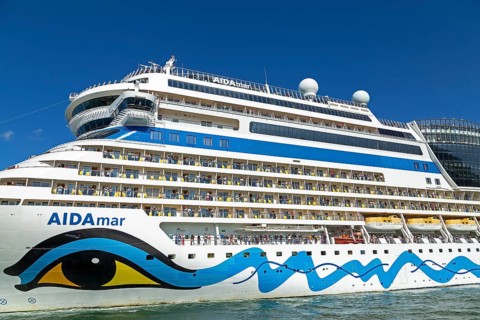 Cruise ship AIDA nova departs, Warnow, Warnemünde, Rostock, Mecklenburg-Western Pomerania, Germany