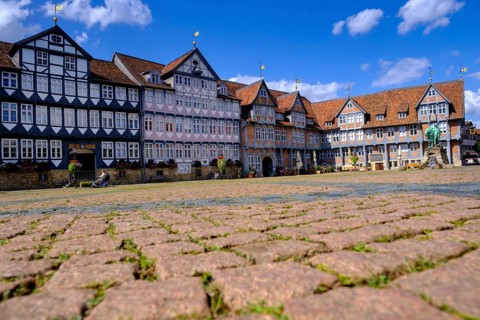 Town market, market square with town hall and monument to Duke August the Younger, Wolfenbüttel,