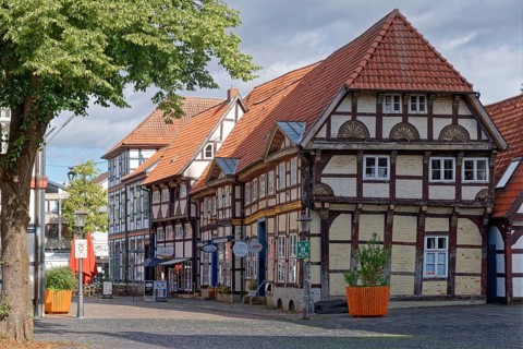 Half-timbered houses on the market square in the historic old town of Nienburg an der Weser.