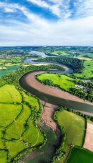 Panorama of Farms and Fields over River Dart from a drone, Stoke Gabriel, Totnes, Devon, England,