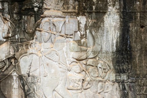 Stone bas-reliefs, Khmer war campaign against the Cham, relief wall, east façade, Bayon temple,