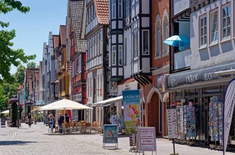Half-timbered houses on Weserstrasse in the historic old town of Rinteln. Lower Saxony, Germany