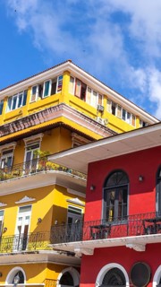 Panama, Panama City historic center Casco Viejo colorful streets and colonial architecture