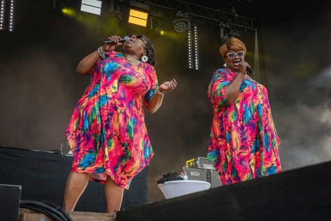 Dynelle Rhodes (Armstead) and Dorrey Lyles, singers of the Weather Girls at the Berlin Rundfunk 91