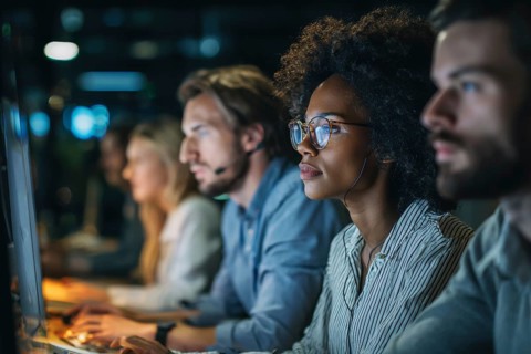 Diverse employees in corporate environment support center analyzing data and helping customers to