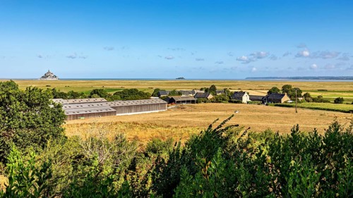 Landscape with a farm near the coast, blue sky and scattered clouds, Mont Saint Michel in Normandy,